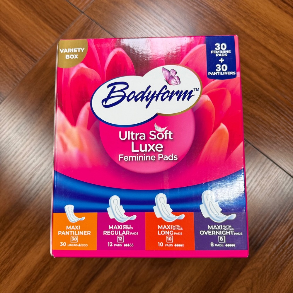 Bodyform Ultra Soft Luxe Feminine Pads Variety Box 60 Count Assorted Sizes NEW